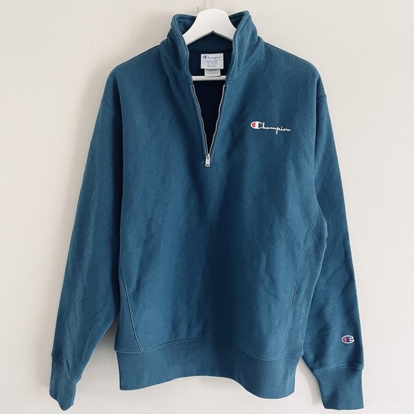 Champion 1/4 Zip Pullover Sweatshirt M High Neck Top Long Sleeves Heavyweight - Picture 1 of 14